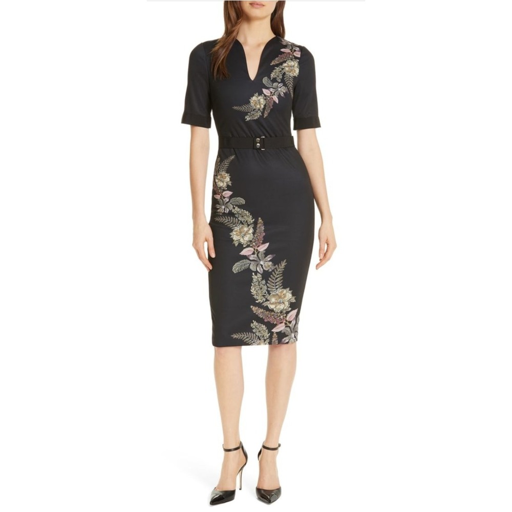 Ted Baker London Black Floral Embellished Midi Sheath Dress Belted Size 1